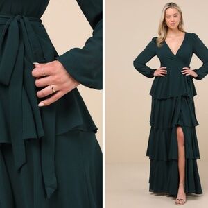 LULU's Sexy Elegant Chic Wedding Bridesmaid Flowy Romantic Long Sleeve Wrap Maxi